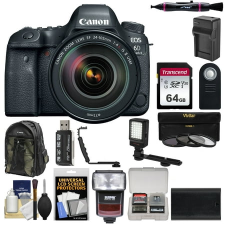 Canon EOS 6D Mark II Wi-Fi Digital SLR Camera + EF 24-105mm f/4L IS II USM Lens with 64GB Card + Backpack + Flash + Video Light + 3 Filters (Best Card For Canon 6d)