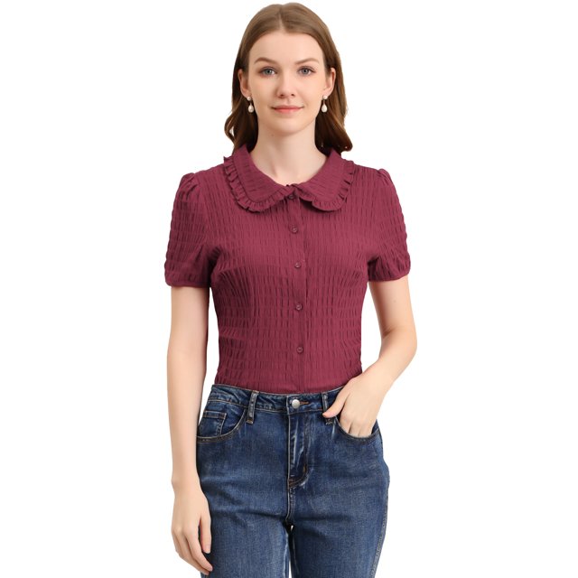 INSPIRE CHIC Chemise Douce à Col Claudine Vintage pour Femme, Boutonnée, Rouge Foncé m