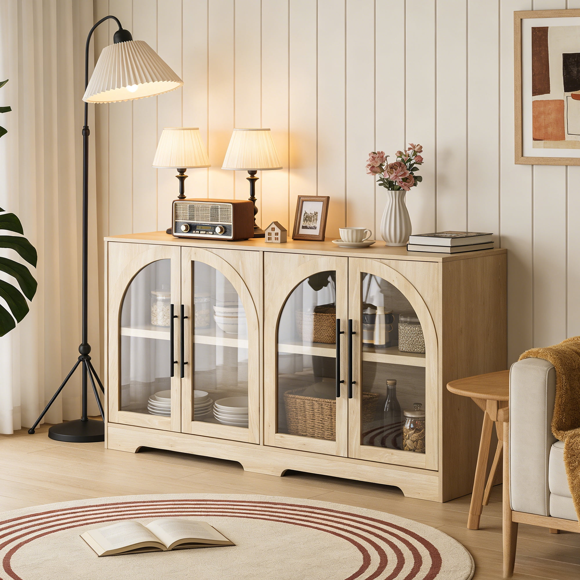 Leovanni 55" Sideboard Cabinet with Glass Doors, Wood Buffet Cabinet with Adjustable Shelves and Cable Management, Storage Console for Dining Room, Living Room, Entryway, Natural