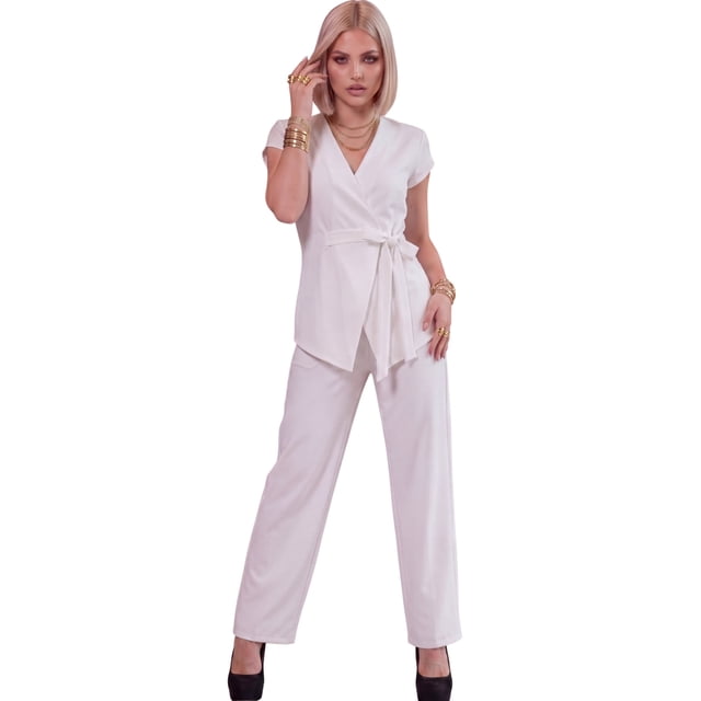 Conjunto Elegante 2 Piezas Pantalon Wide Legs Blusa Cruzada Outfit para Mujer
