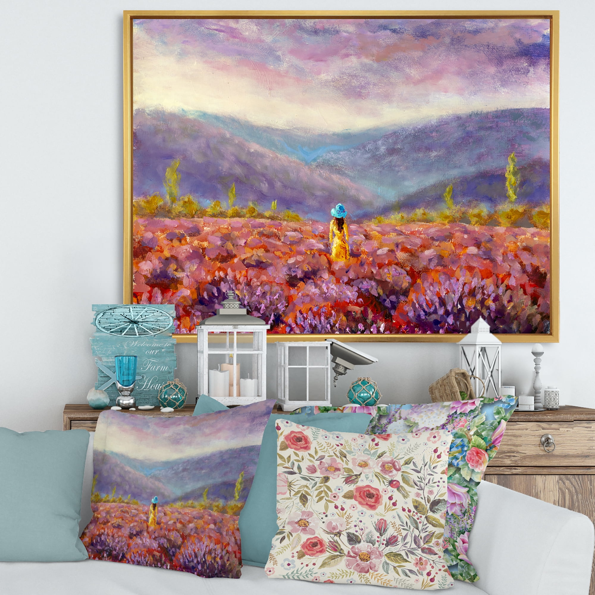 Designart 'Girl In Yellow Dress & Hat Walking Through Fields' Traditional Framed Canvas Wall Art Print