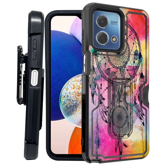 ANJ  Rugged Shockproof Kickstand Hybrid Case with Card Slot and Holster   Tempered Glass Cover for Motorola Moto G Stylus 5G (2023) - Colorful Dreamcatcher