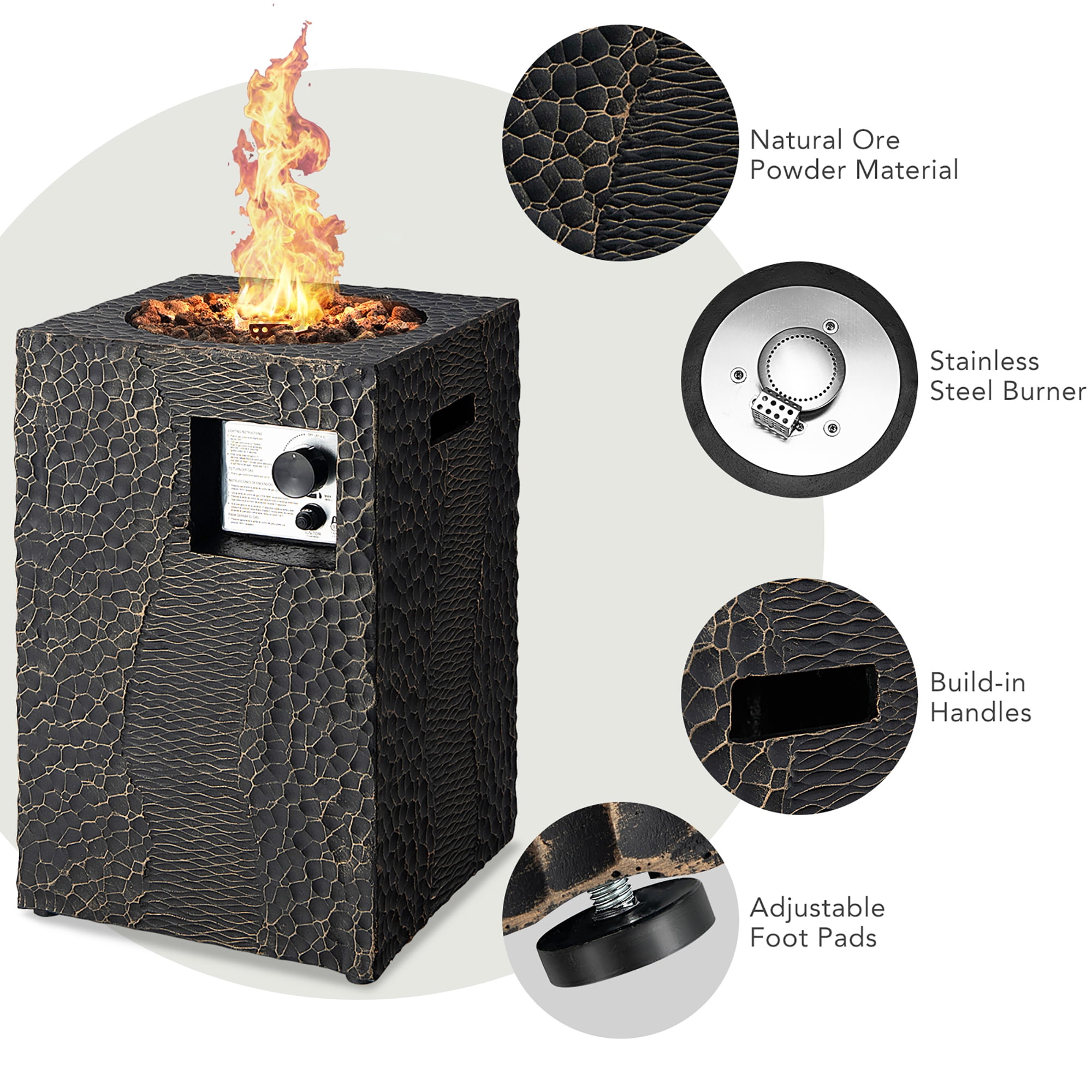 Costway 16'' Square Outdoor Propane Fire Pit w/Lava Rocks Waterproof Cover 30,000 BTU Black