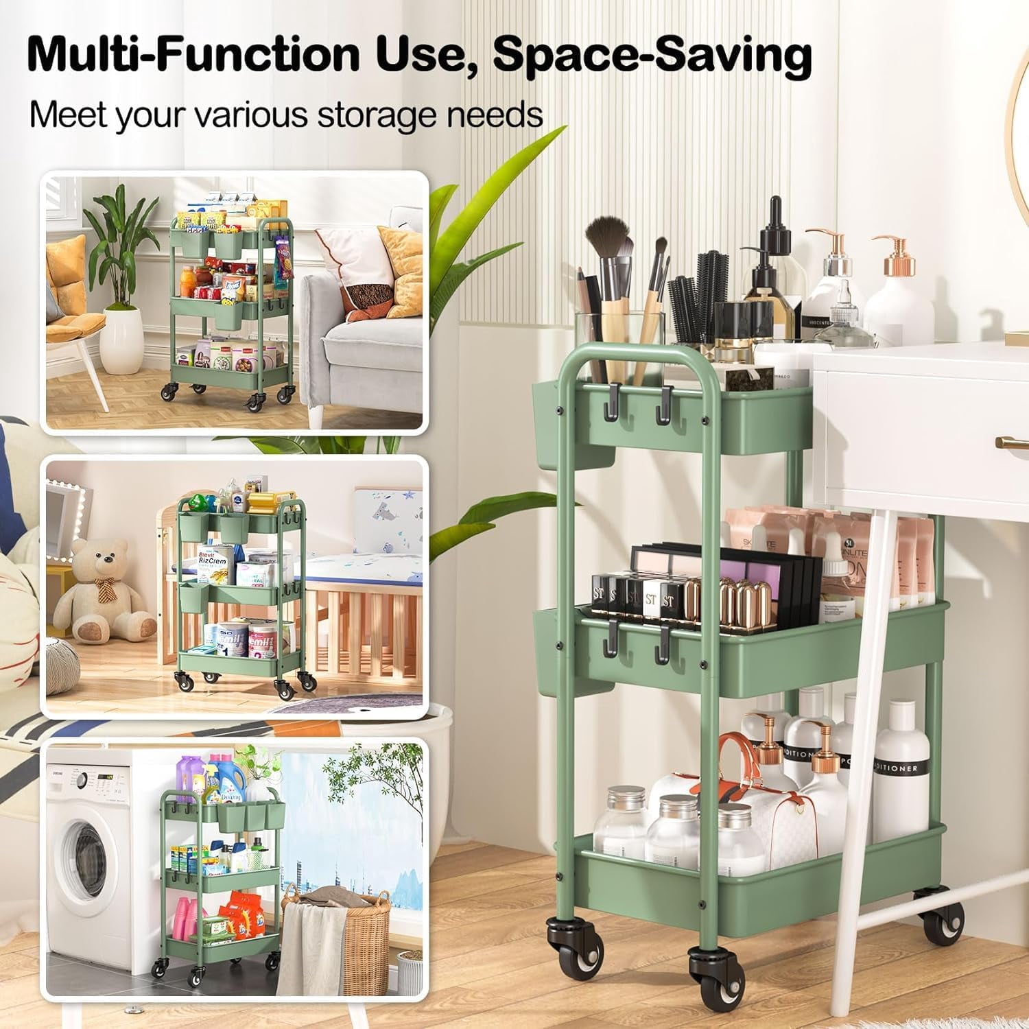 3-Tier Rolling Cart, Green, 66 Pounds Capacity, Mesh Storage Organizer with Lockable Wheels, 3 Hanging Cups, 4 Hooks, Easy Assembly, for Kitchen, Bathroom, Laundry, Grocery