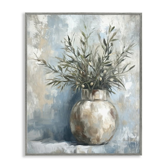 Stupell Industries Potted Olive Branches Botanical & Floral Painting Gray Framed Art Print Wall Art, 16 x 20