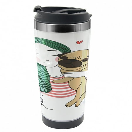 

Pug Travel Mug Dog with Girl Steel Thermal Cup 16 oz by Ambesonne