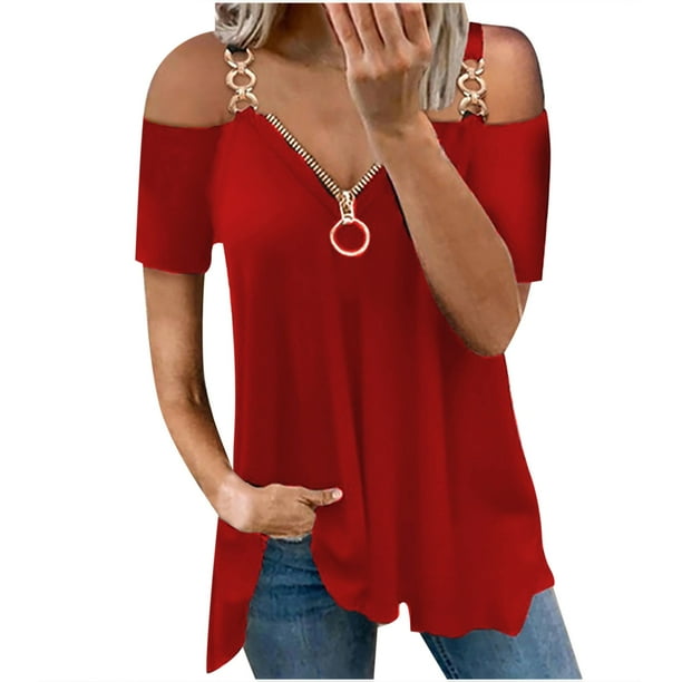 Abcnature Abcnature Womens Loose Fitting Zip Up Deep V Neck Short Sleeve Tops Tunic Casual T Shirts Blouse Hollow Out Printing T Shirt Red L Walmart Com Walmart Com