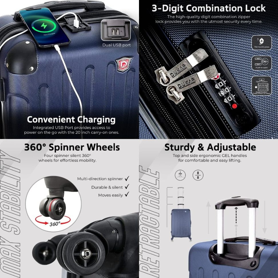 DUKAP Intely 20" Hardside Lightweight Carry-on Luggage with Spinner Wheels and USB Port, Blue