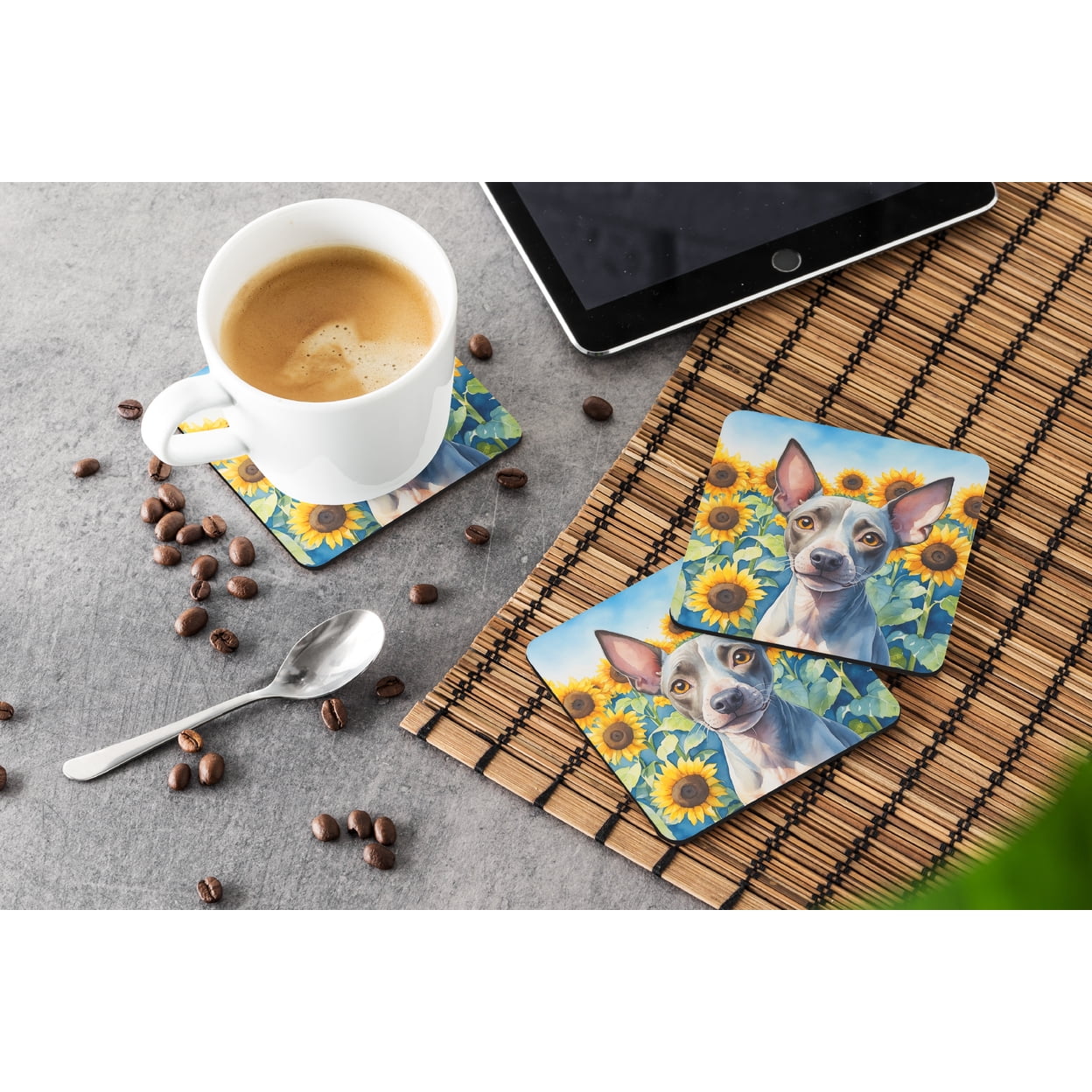 American Hairless Terrier in Sunflowers Foam Coasters 3.5 in x 3.5 in