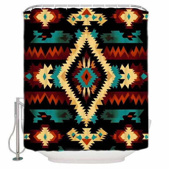Extra Long Shower Curtain 72x96 Inch, Boho Orange Teal Shower Curtain Waterproof Bathroom Decor Vintage Geometric Southwestern Ethnic Fabric Bath Curtain Set Accessories with Hooks