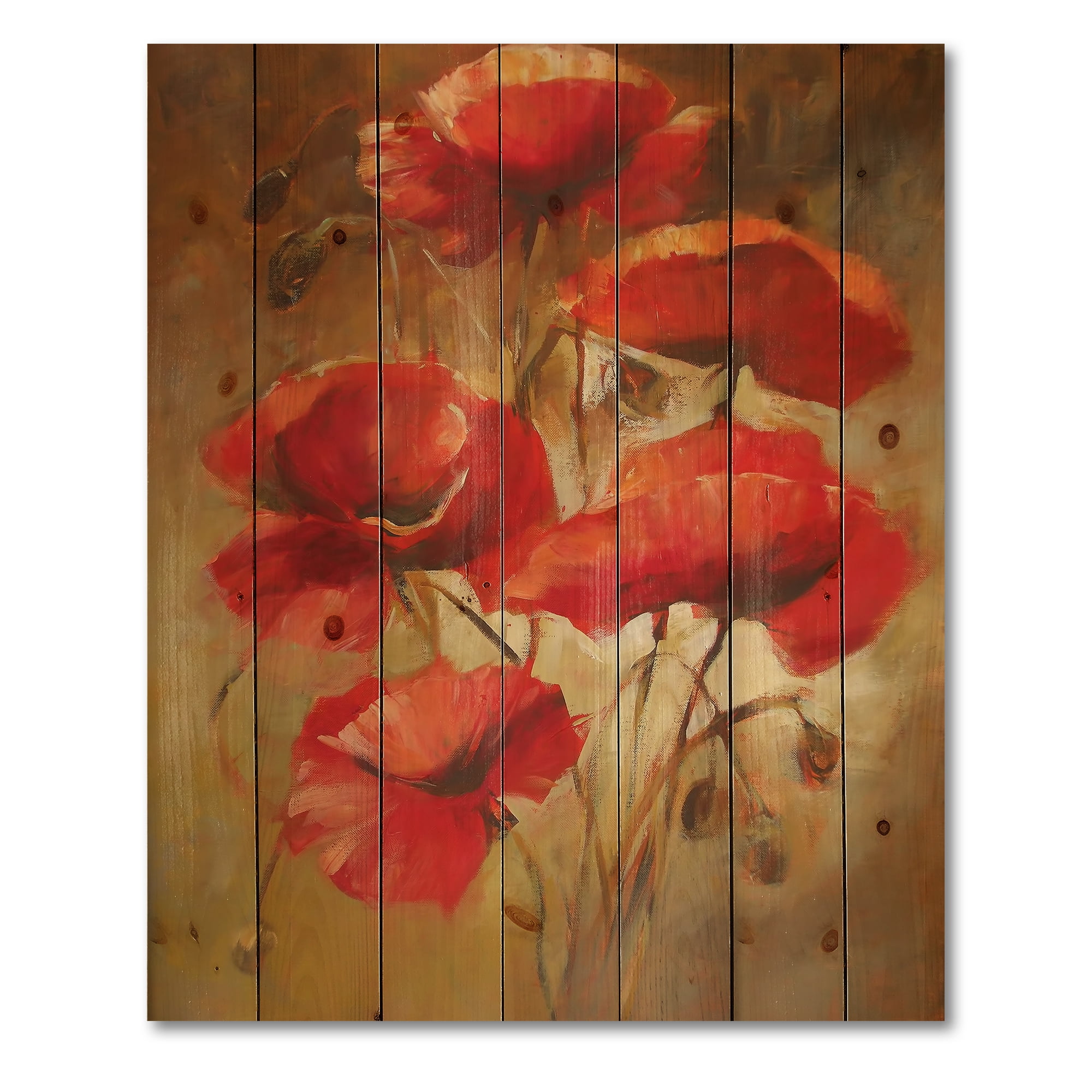 Designart 'Red Blossoming Poppies Over Wild Brown I' Traditional Print on Natural Pine Wood