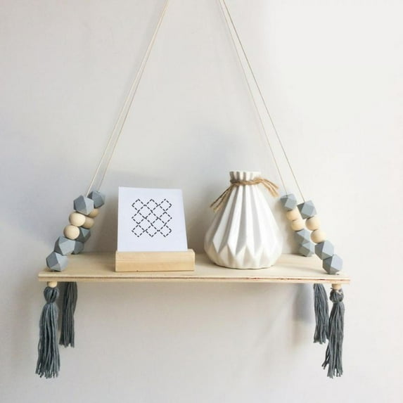 Wall Hanging Shelves,Boho Wall Hanging Shelf Wood Rope Hanging Floating Shelves Swing Triangle Floating Shelf Triangle Window Rope Plant Wooden Bead Tassels Storage Rack Wall Rope Hanging Shelf