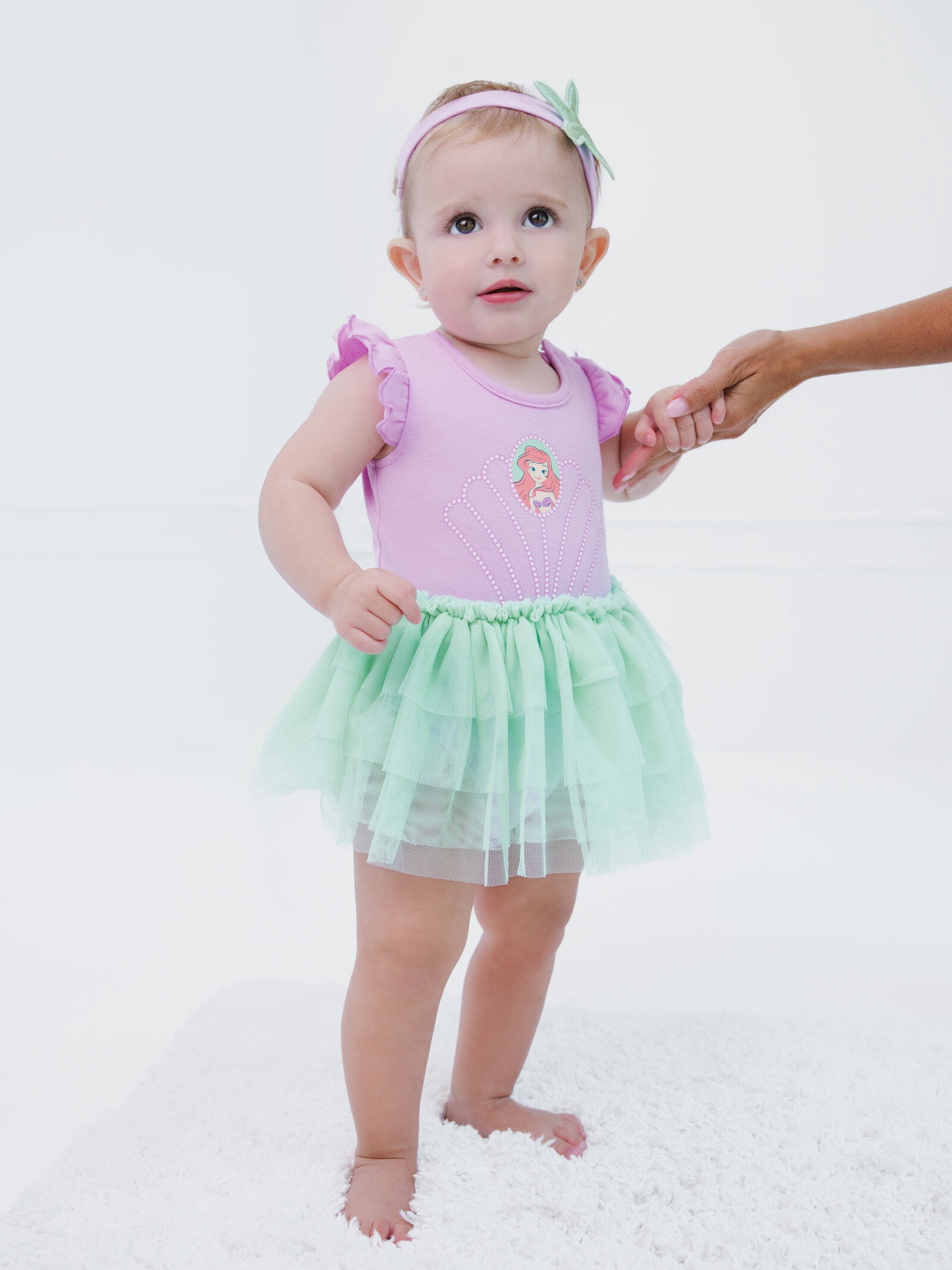 Disney Princess Ariel Cosplay Bodysuit With Skirt Overlay & Headband Outfit Set Newborn to Infant
