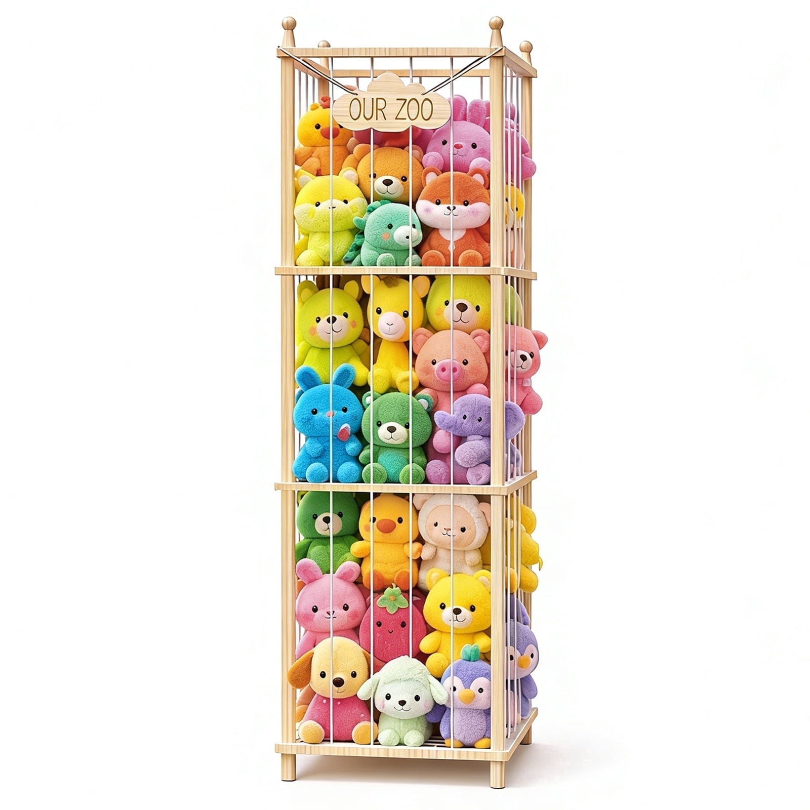Fowroa Stuffed Animal Storage ,Wooden Zoo Toy Storage , Plushie Organizer Holder Rack with Elastic Cords