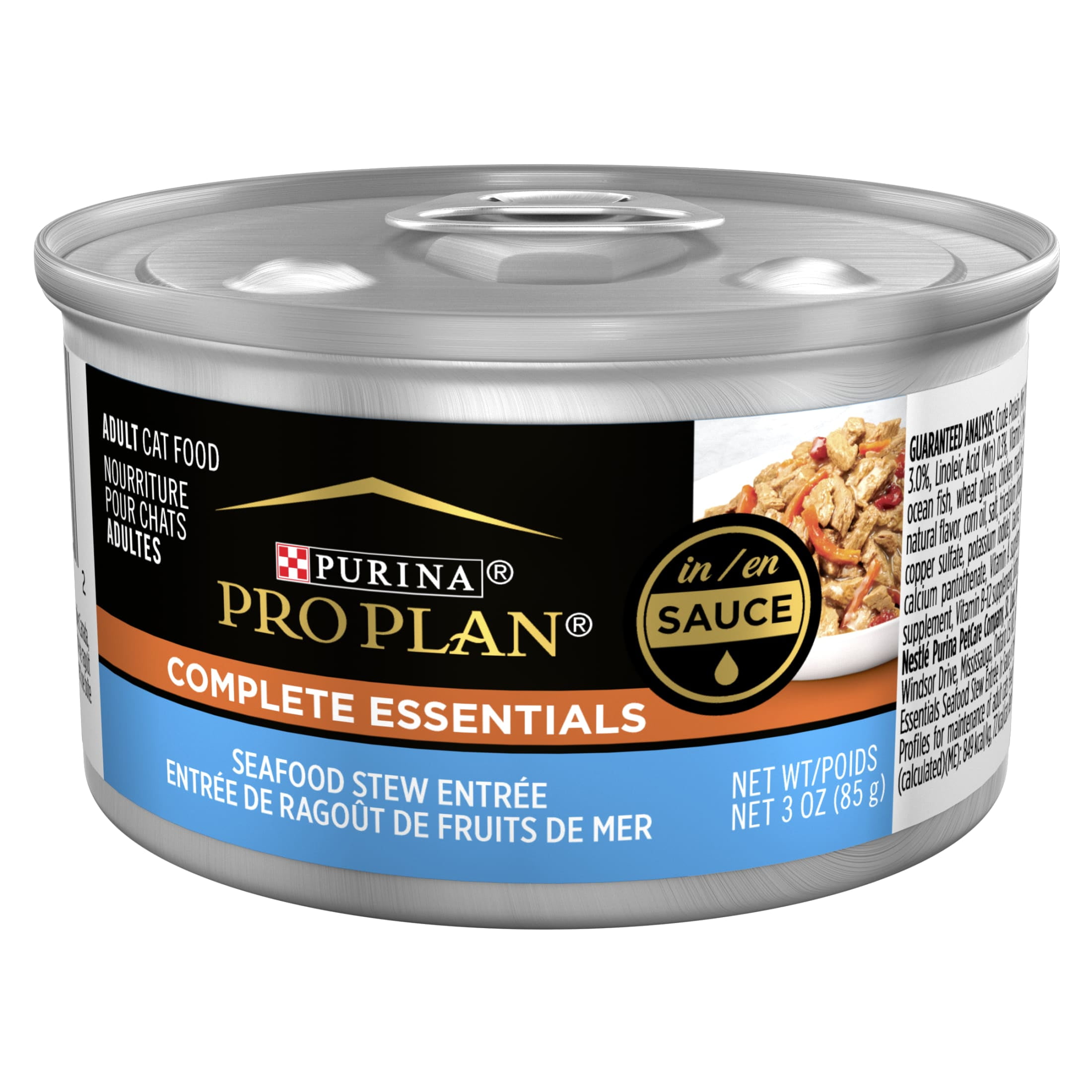 (24 pack) Purina Pro Plan Complete Essentials, Seafood Stew, Wet Cat Food, 3 oz Cans, 24 Pack
