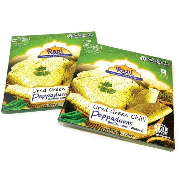 Rani Pappadums (Indian Lentil Wafer Snack) Green Chilli Papad 7oz (200g) Approximately 15pc, 7 inches, Pack of 2 ~ All Natural | Gluten Friendly | NON-GMO | Vegan | Indian Origin