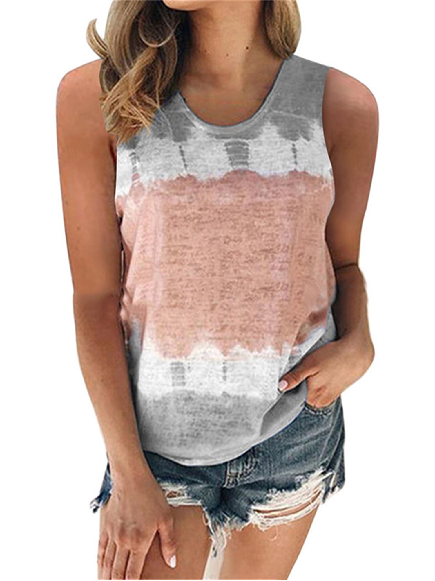 Biucly Womens Round Neck Tie-dye//Gradient Cami Tank Tops Casual Twist Loose Sleeveless Blouse Shirts
