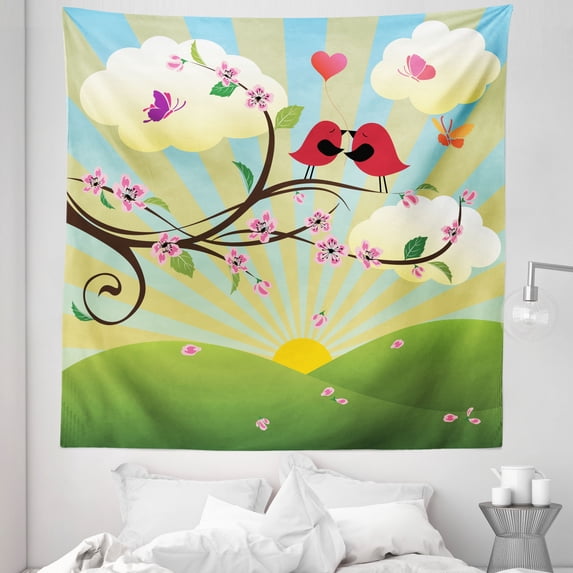 Flower Landscapes Tapestry, Romantic Birds Humming on a Tree Branch with Flowers Print, Fabric Wall Hanging Decor for Bedroom Living Room Dorm, 5 Sizes, Fern Green Multicolor, by Ambesonne