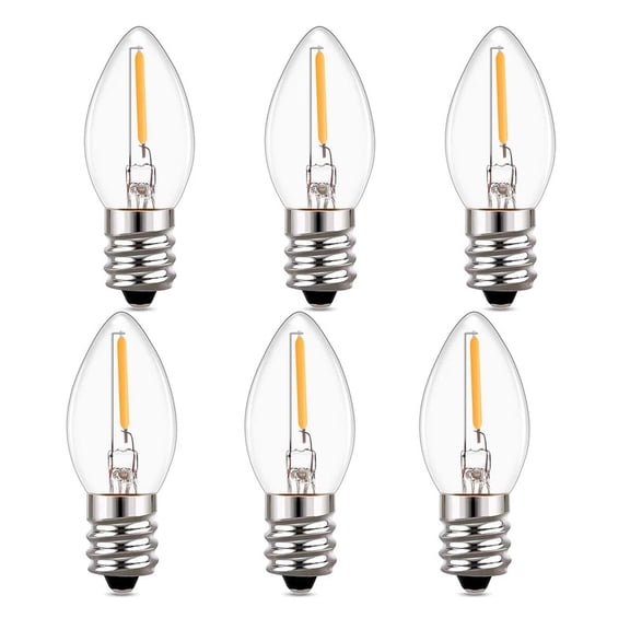 C7 LED Bulbs, 0.5W, E12 Base, 2700K Warm White, Non-Dimmable, Vintage Filament, 6 Pack