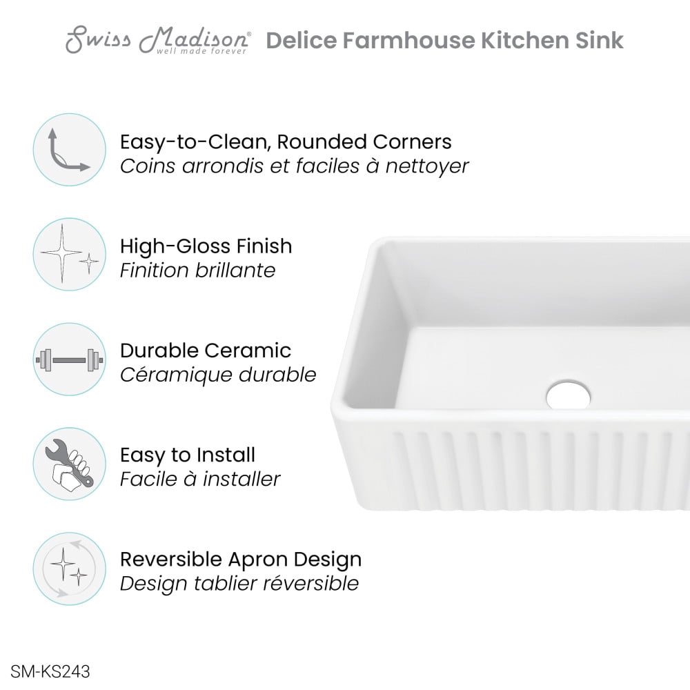 Delice 30 x 18 Ceramic, Farmhouse Kitchen Sink with Apron
