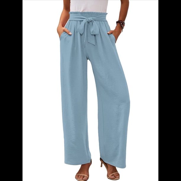 Pantalones de Salón Anchos para Mujer con Bolsillos, Cintura Alta, Ajustables, con Nudo y Holgados. Azul S
