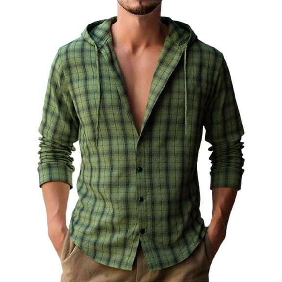Lcziwo Men's Flannel Shirt Plaid Hoodie Lightweight Thin Long Sleeve Jacket Button Down Drawstring Pockets Tops Casual Trendy Fall 2025 Outerwear Green,S