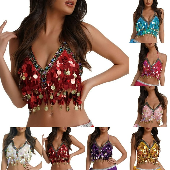 ZZwxWA Sequin Halter Bra Top Salsa Belly Dance Boho Festival Clubbing Tribal Bra Tops