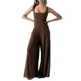 thumbnail image 3 of HBFAGFB Jumpsuits for Women Square Neck Ribbed Wide Leg Sleeveless High Waist Pant Rompers Coffee Size S, 3 of 9