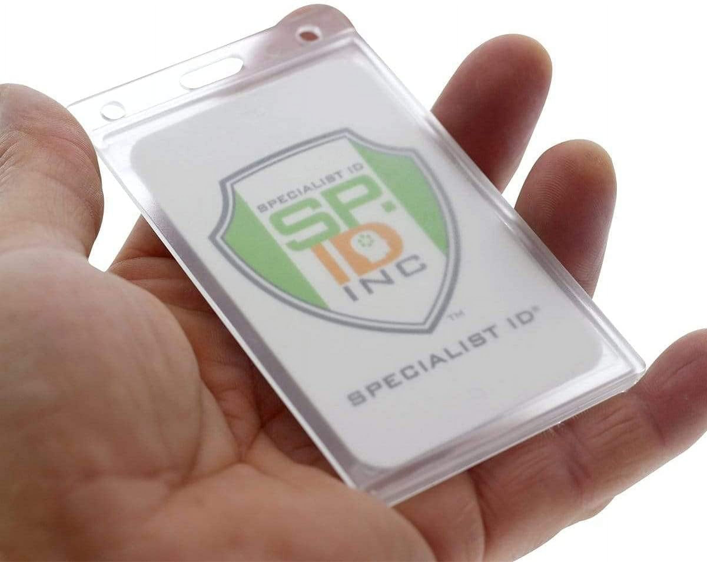 50 Pack - Hard Plastic Badge Holder with Thumb Notch Slide Removal - Vertical Side Load - Clear Frosted Rigid Plastic - Holds One Standard Credit Card Sized Name Badge by Specialist ID