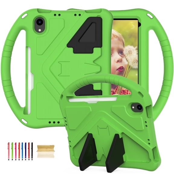 Kids Case for iPad 5th/6th Generation (9.7 inch, 2017/2018), iPad Air 1 & Air 2 & Pro 9.7,Built-in Kickstand, Rugged Durable Shockproof Lightweight Handle Protective Silicone Hard PC Case, Green