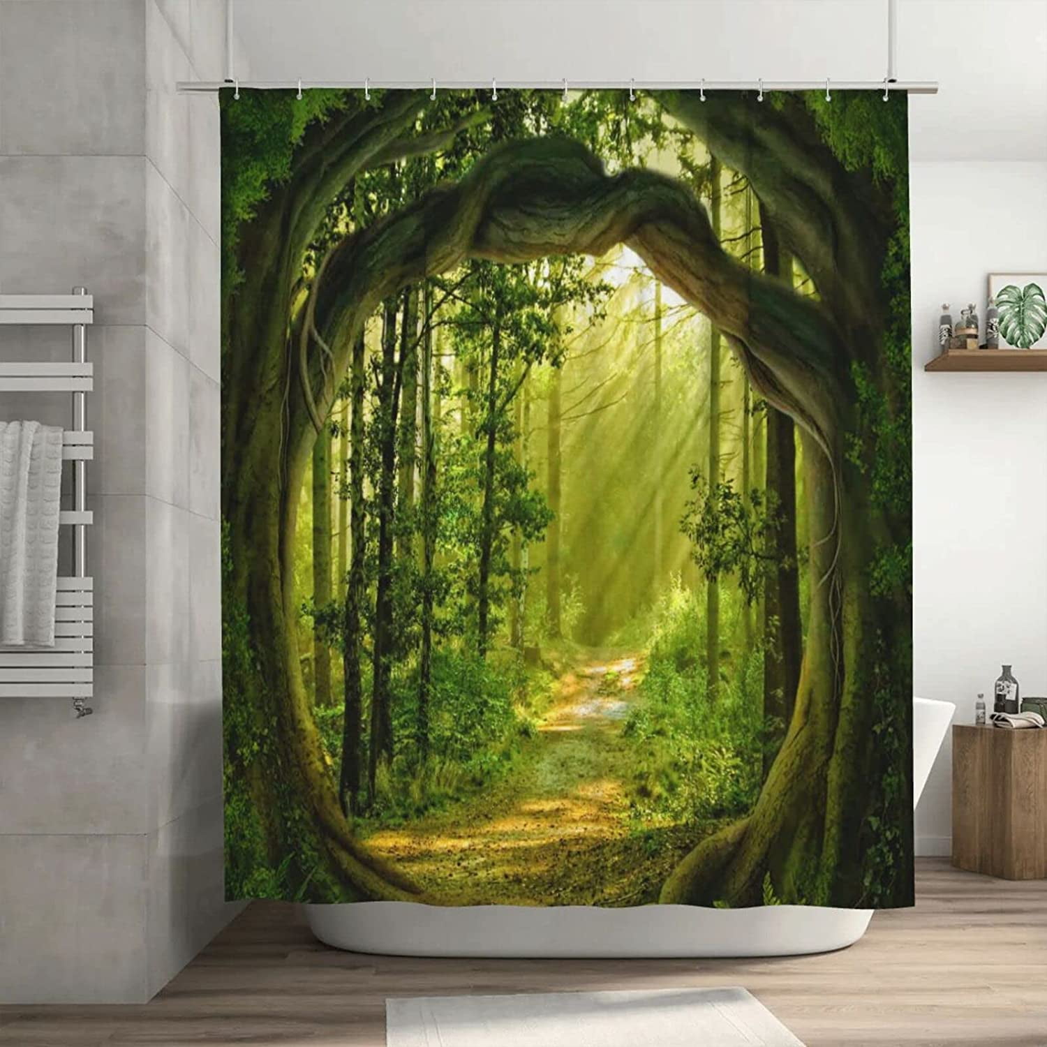 Sonernt Green Forest Tree Hole Shower Curtain Natural Scenery Sunshine