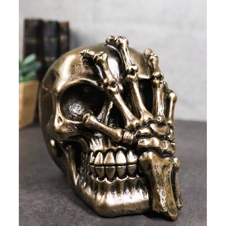 Day of The Dead Faux Bronze Hand Over Face Gesture Skull Figurine
