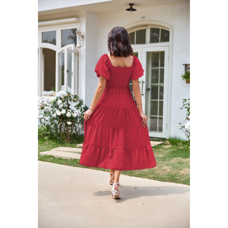 Anbech Women's Puff Short Sleeve Midi Dress 2024 Summer