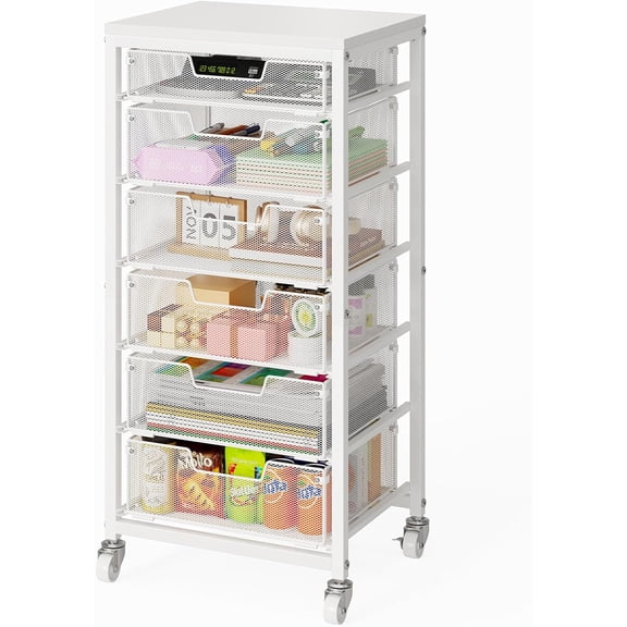 6 Drawers Utility Cart, Rolling Storage Cart with Wooden Tabletop, Storage Drawer Cart on Lockable Wheels, Craft Cart for Bedroom, Classroom, Office, White