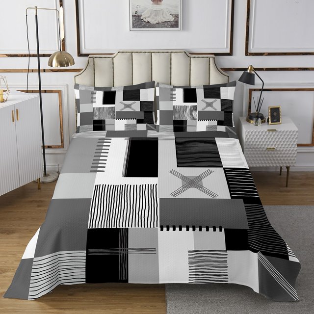Erosebridal Geometry Lines Bedspread Sets Twin Size,Patchwork Rectangle Bed Quilt,Stripe Bedroom Decor,Breathable,2pcs