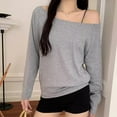 thumbnail image 2 of Women Sexy Off The Shoulder Long Sleeve Tops Y2k Going Out Tops Fit T-Shirts Grey L, 2 of 8