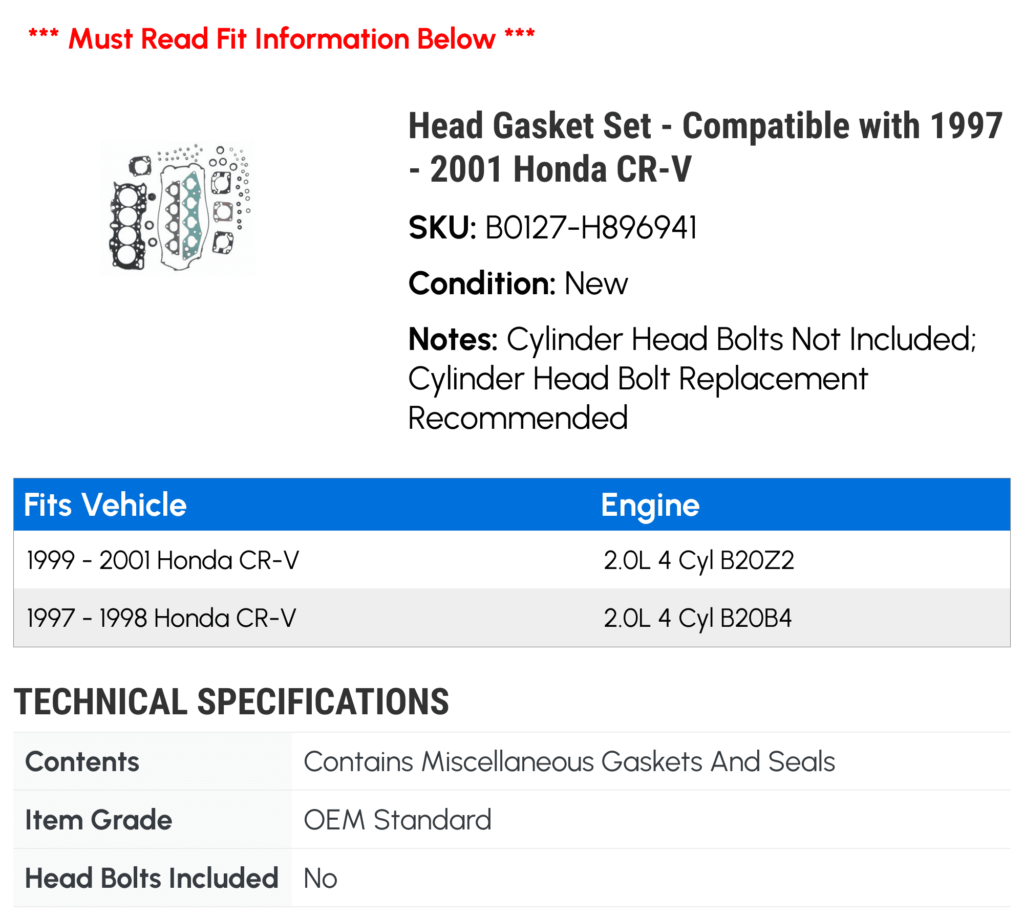 Head Gasket Set - Compatible with 1997 - 2001 Honda CR-V 1998 1999 2000