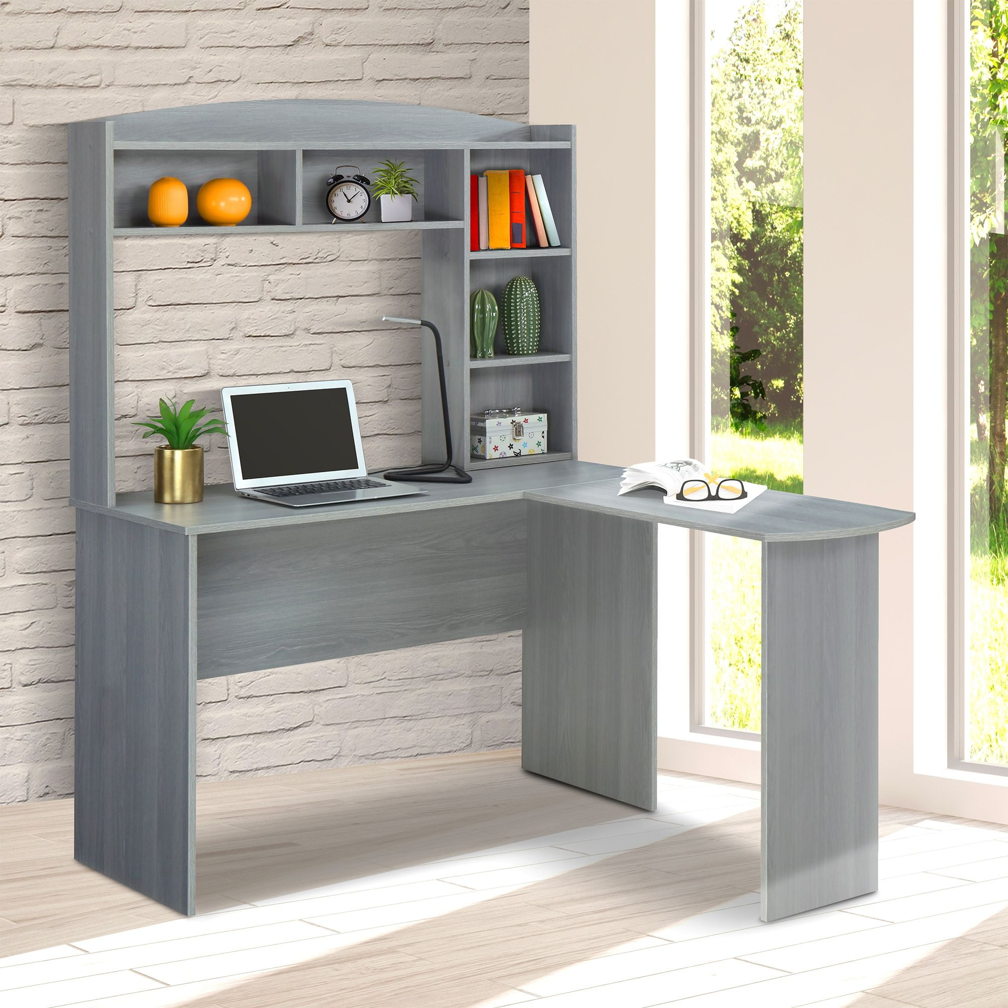 Techni Mobili Modern LShaped Desk with Hutch, Grey