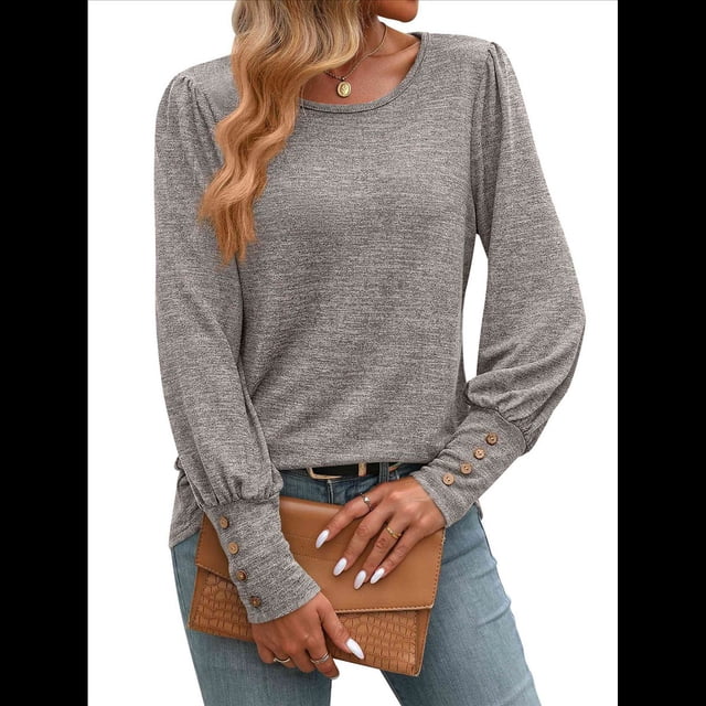 Blusas Casuales Holgadas de Larga y Corta Abullonada para Mujer, con Cuello Redondo y Botones. Caqui Superficial XXL