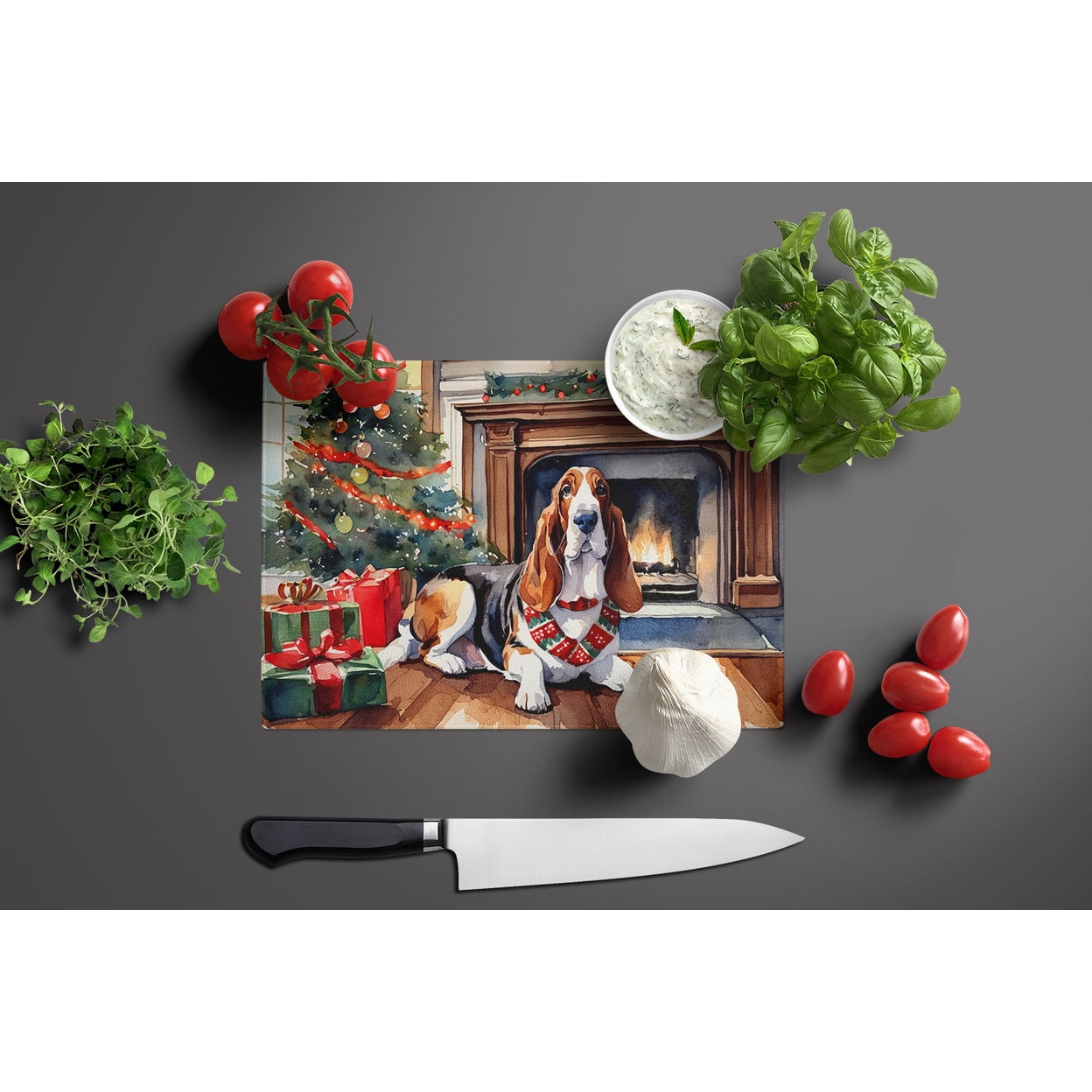 Basset Hound Cozy Christmas Glass Cutting Board Large 12 in x 15 in