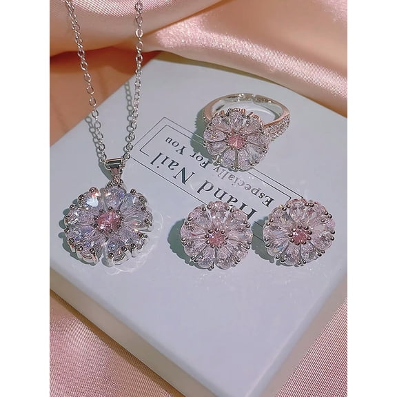 QQTDFG 4pcs/set Pink Cubic Zirconia Flower Design Necklace, Earrings, Ring Set Jewelry-default