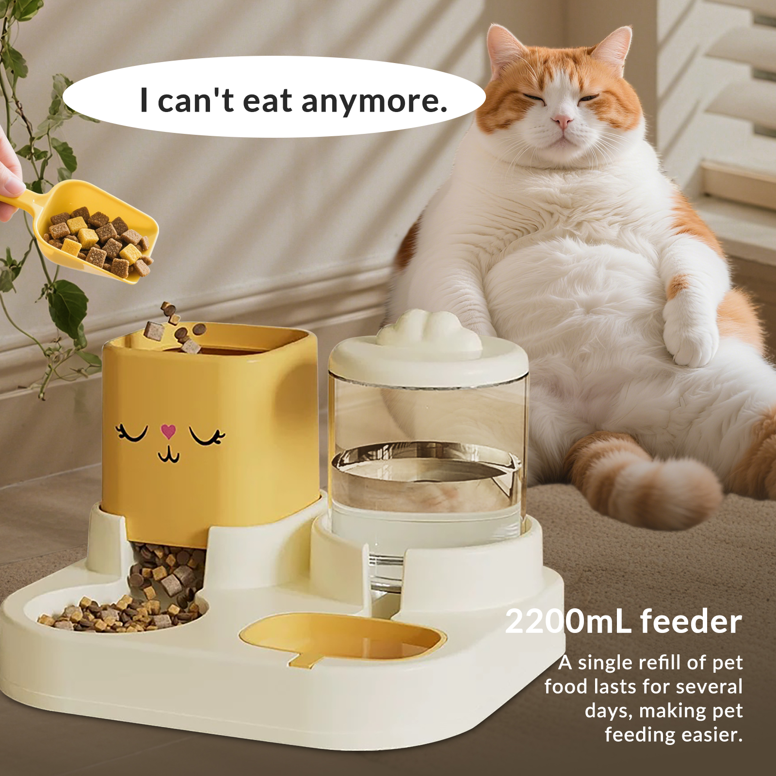 Automatic Cat Feeder and Water Dispenser, 2 in 1 Cat Food Bowl with Self-Refilling Water Bottle, Dry & Wet Separation, Non-Slip Feeding Station, Yellow