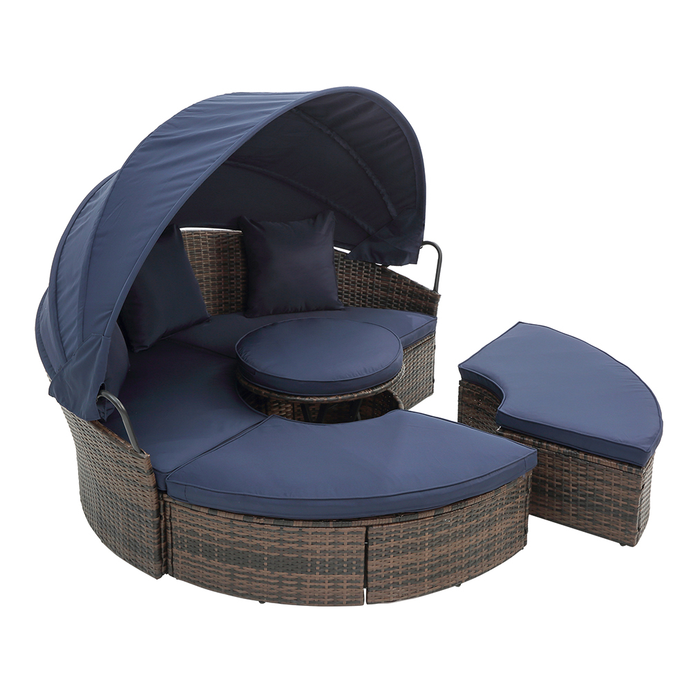 Outdoor Wicker Daybed, 5 Piece Patio Round Wicker Sectional Sofa Set with Retractable Canopy, All-Weather Patio Conversation Furniture Sets with Cushions for Backyard, Porch, Garden, Poolside, L3530 - image 4 of 9