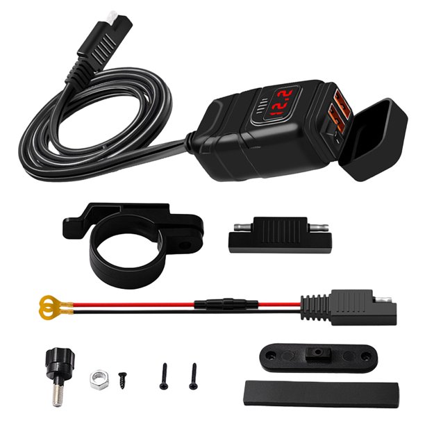 Kenally Nuevo puerto USB dual 12V de manillar de motocicleta a prueba de agua rápido 3.0 con voltímetro de motocicleta USB Type1 NO1