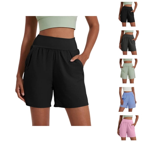 Athletic Shorts for Women Elastic High Waist Wide Straight Leg Tummy Control Workout Running Shorts with Pockets