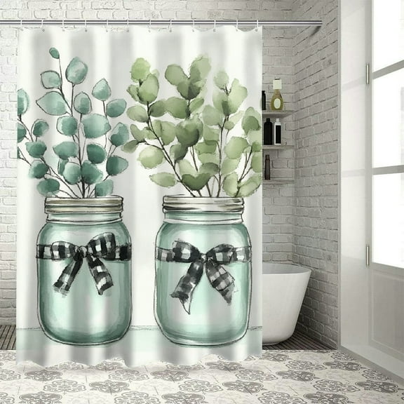 SHERONV Mason Jars Plant Watercolor Shower Curtain with Hooks 36"x72