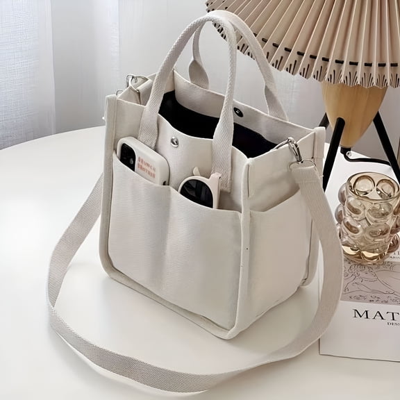 GASTROPOD Small Canvas Tote Bag with Pockets Crossbody Bags for Women Cute Shoulder Purse Handbags Lunch Bag for Office Work - White