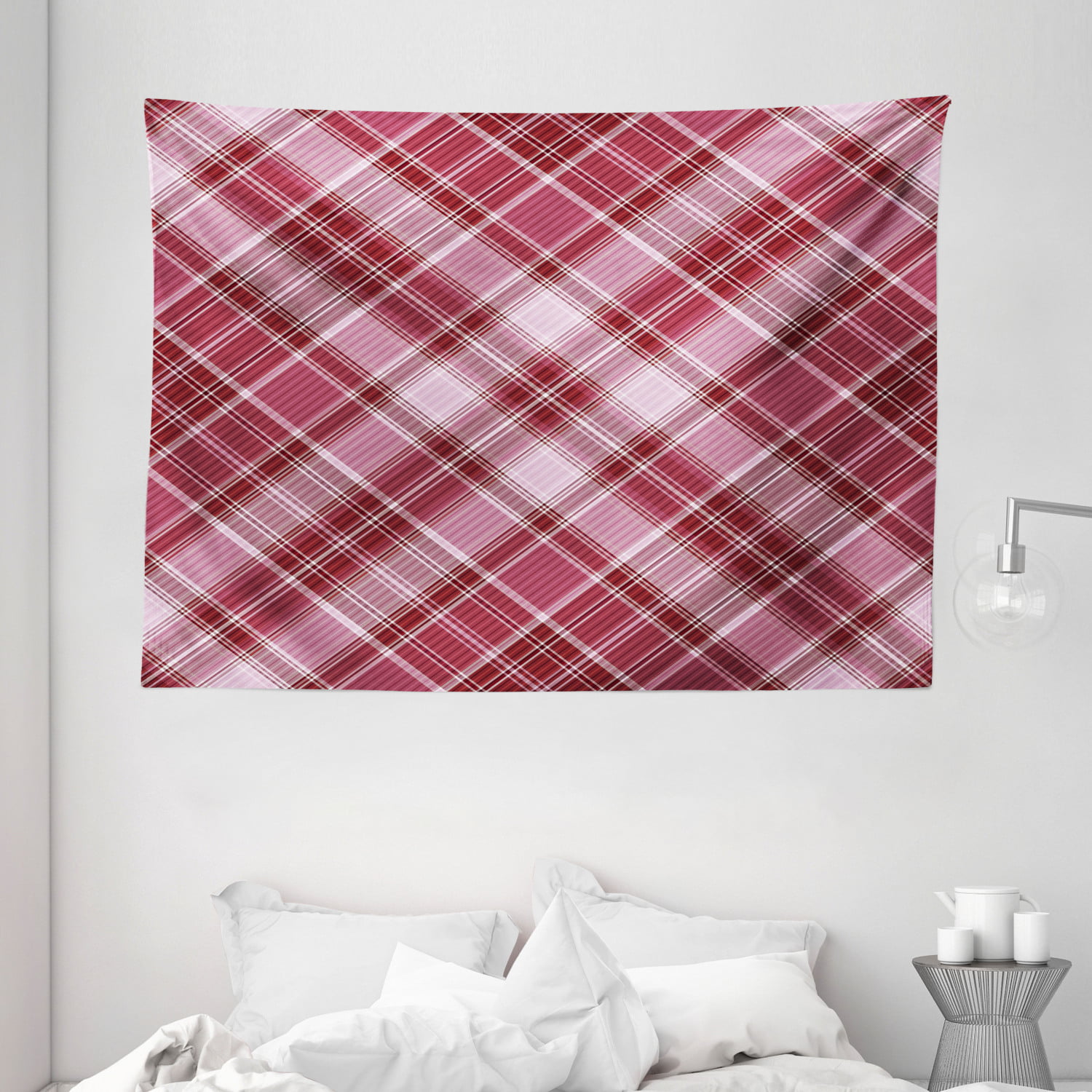 Checkered Tapestry, Cross Checkered Pattern with Diagonal Strips and  Rhombus Shapes, Wall Hanging for Bedroom Living Room Dorm Decor, 80W X 60L  Inches, Dried Rose Ruby and White, by Ambesonne