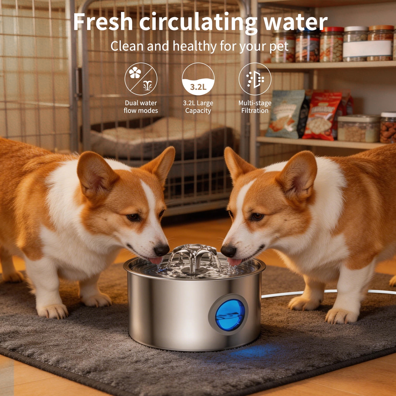 Beteliva Stainless Steel Cat Water Fountain, 108oz/3.2L Automatic Pet Water Dispenser for Cats and Dogs with Replacement Filters