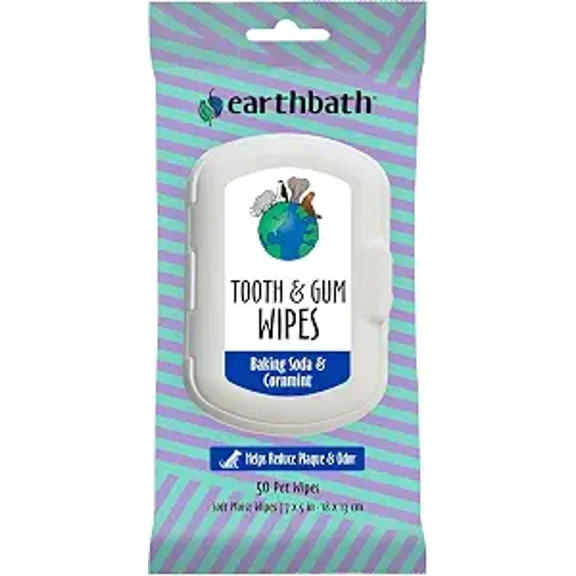 Earthbath Tooth & Gum Wipes for Dogs and Cats, Mint Dental Cleaning Wipes with Baking Soda & Cornmint, Helps Reduce Plaque and Odor, 50 Count